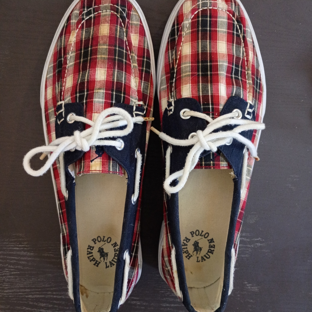 Polo by Ralph Lauren Red and Blue Plaid Boat Shoes. Men's 9.5M Gently Used - Picture 5 of 6